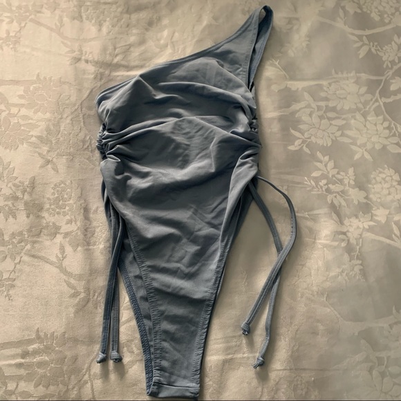 Steel Blue One Shoulder Ruched Side Swimsuit - Picture 2 of 5